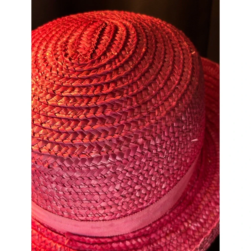 Vintage Magenta Pink Straw Sun Hat Wide Brim Floral Ribbon Accent Summer Beach